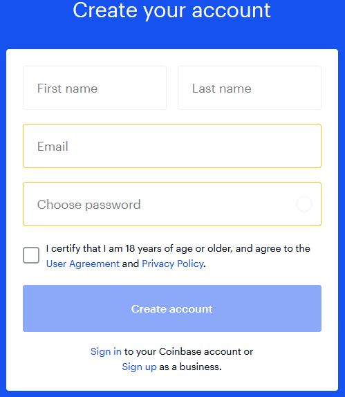 här fyller man in namn, efternamn, emailadress och lösenord för att skapa ett konto på coinbase