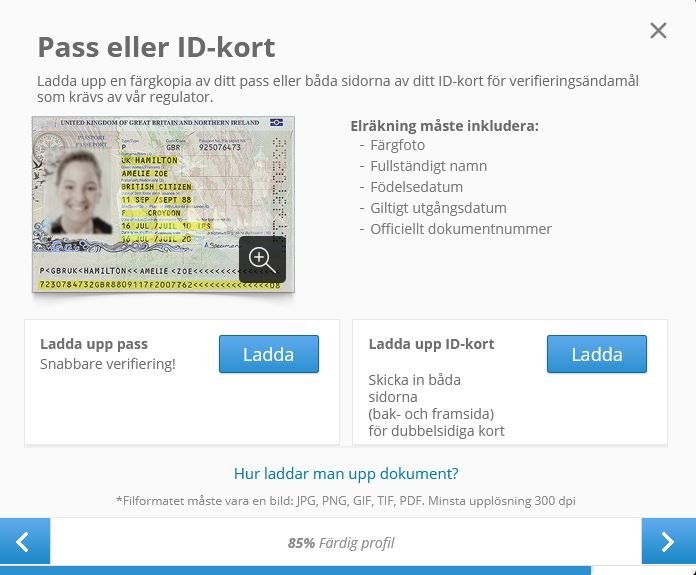 För att verifiera ditt konto måste du ladda upp en bild på ditt pass