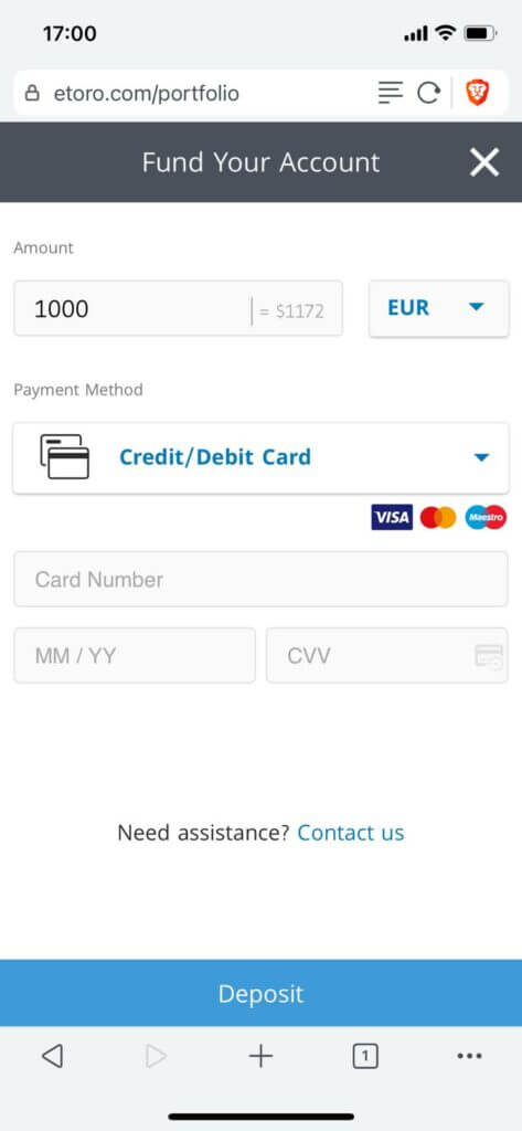 choose deposit method at etoro for depositing