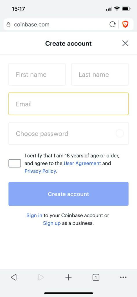 enter email and password on coinbase for registration