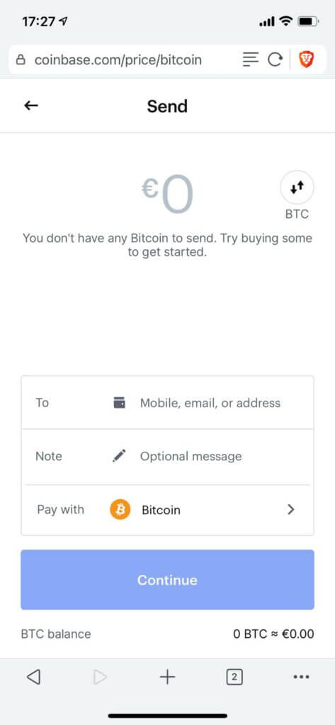 enter wallet address and amount, then click continue to send