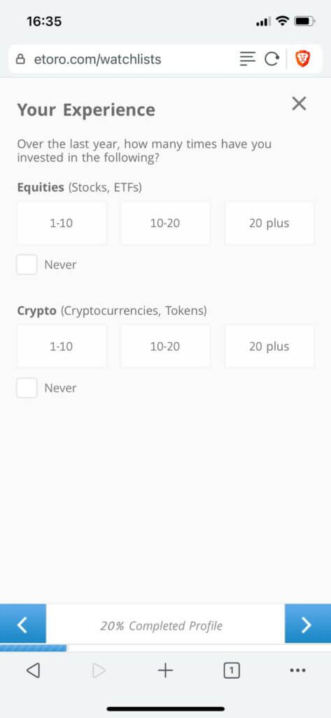 etoro asks some questions to setup your profile