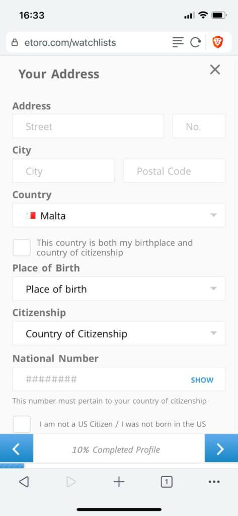 enter your address details on etoro
