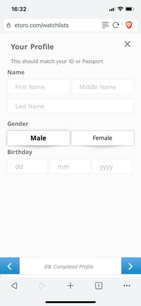 now its time to enter your personal details to etoro