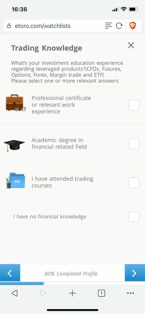 etoro configures your profile based on trading knowledge