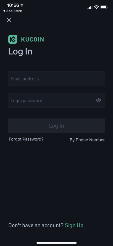 Login screen at KuCoin