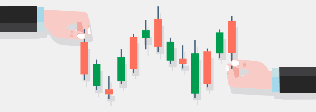 candlestick chart with hands holding the candles